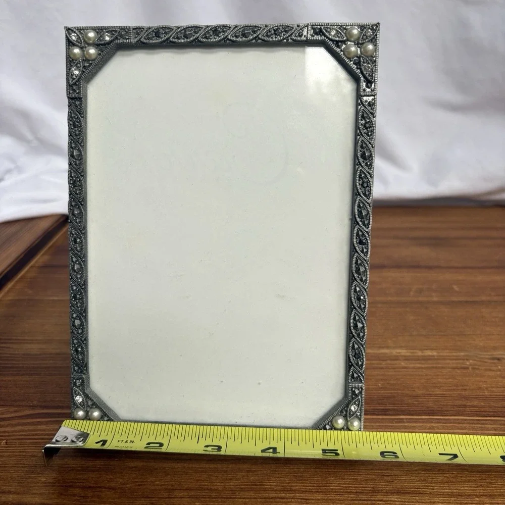 Carr Silver Tone Marcasite & Faux Pearl Picture Frame 4x6 Photo Frame